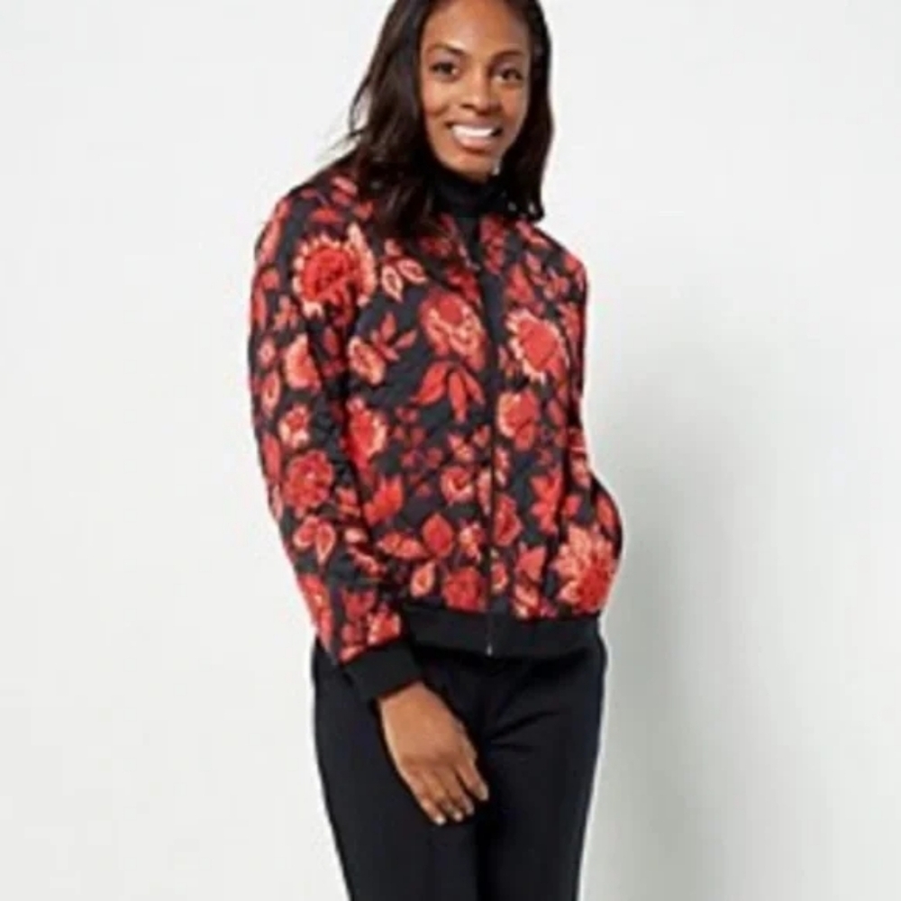 Jason Wu Red‎ Black Floral Quilted Bomber Jacket Size Medium